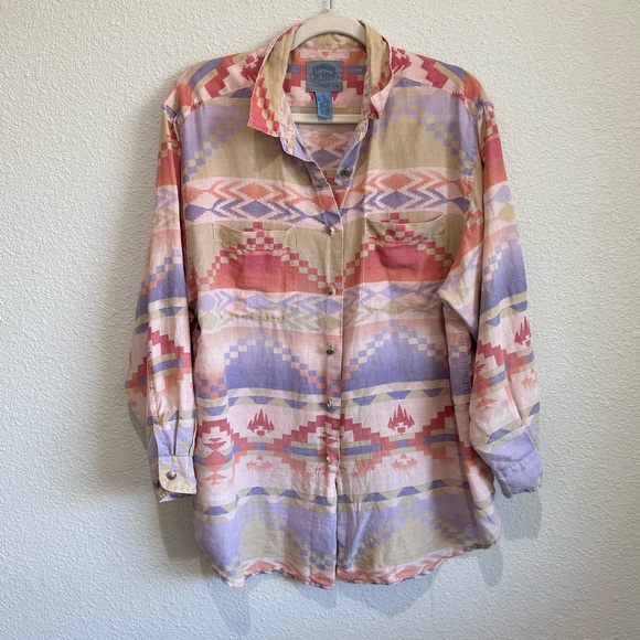 VTG Cambridge Dry Good Womens Large Linen Blend Aztec Southwestern Button Down - Picture 1 of 8